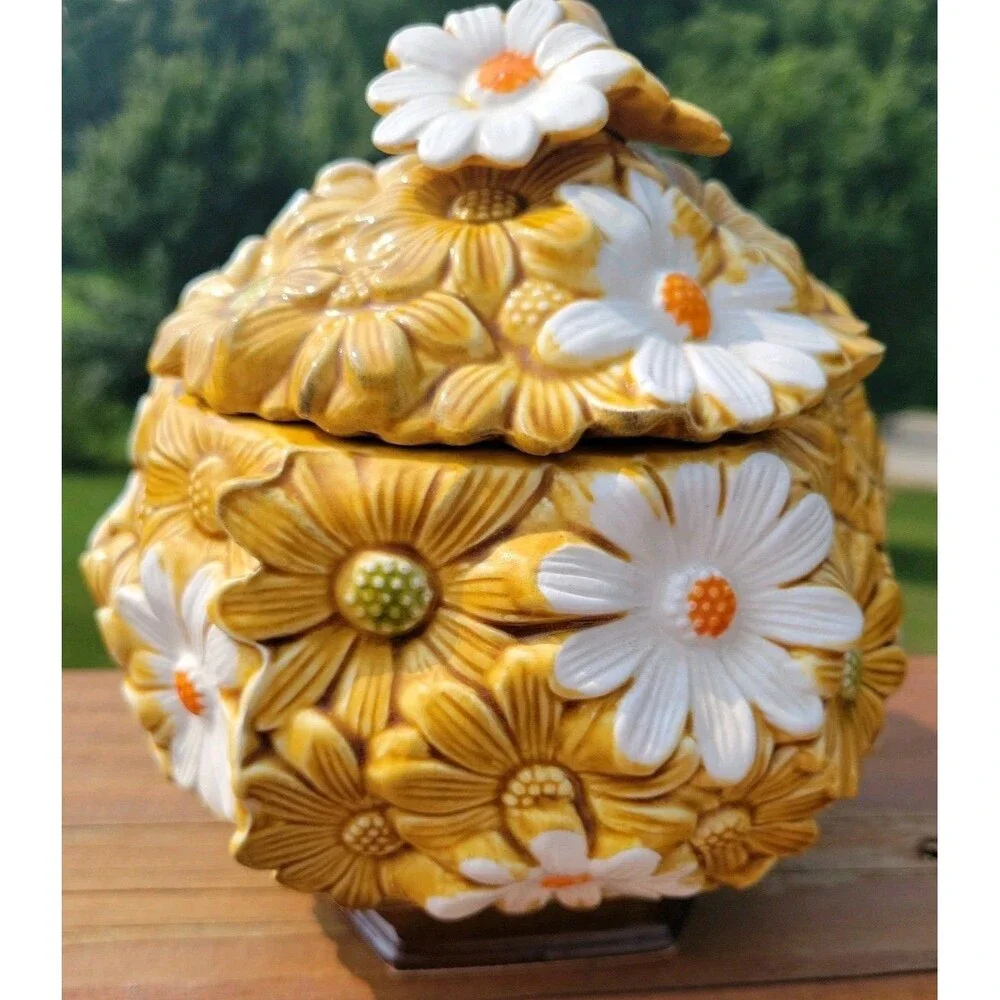 Vintage Fred Roberts Daisy Canister Coffee Cookie Jar Japan 1970s Flower Ceramic